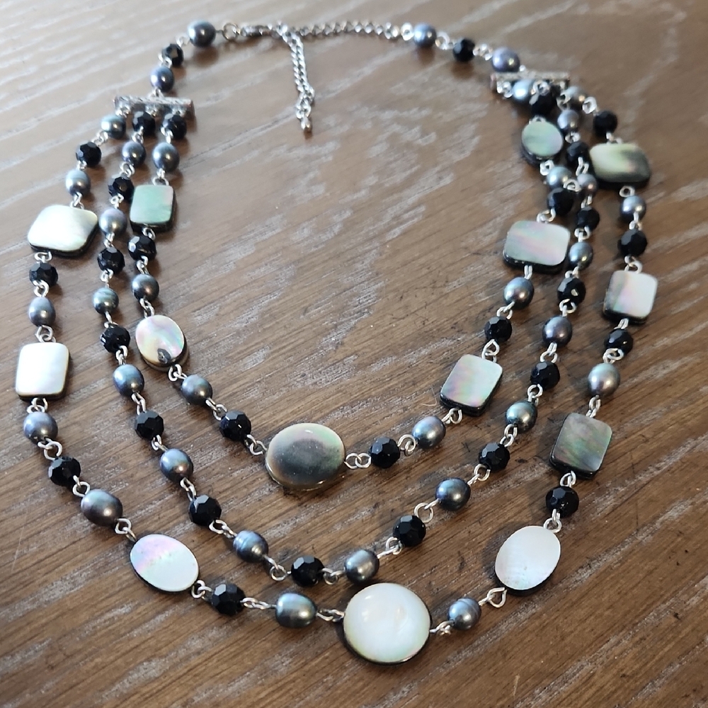 Multi-Layered Black and Silver Tone Necklace